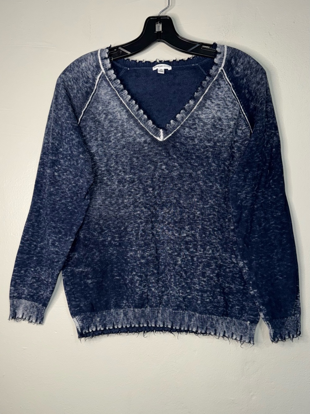 Minnie Rose Distressed Indigo V-Neck Sweater